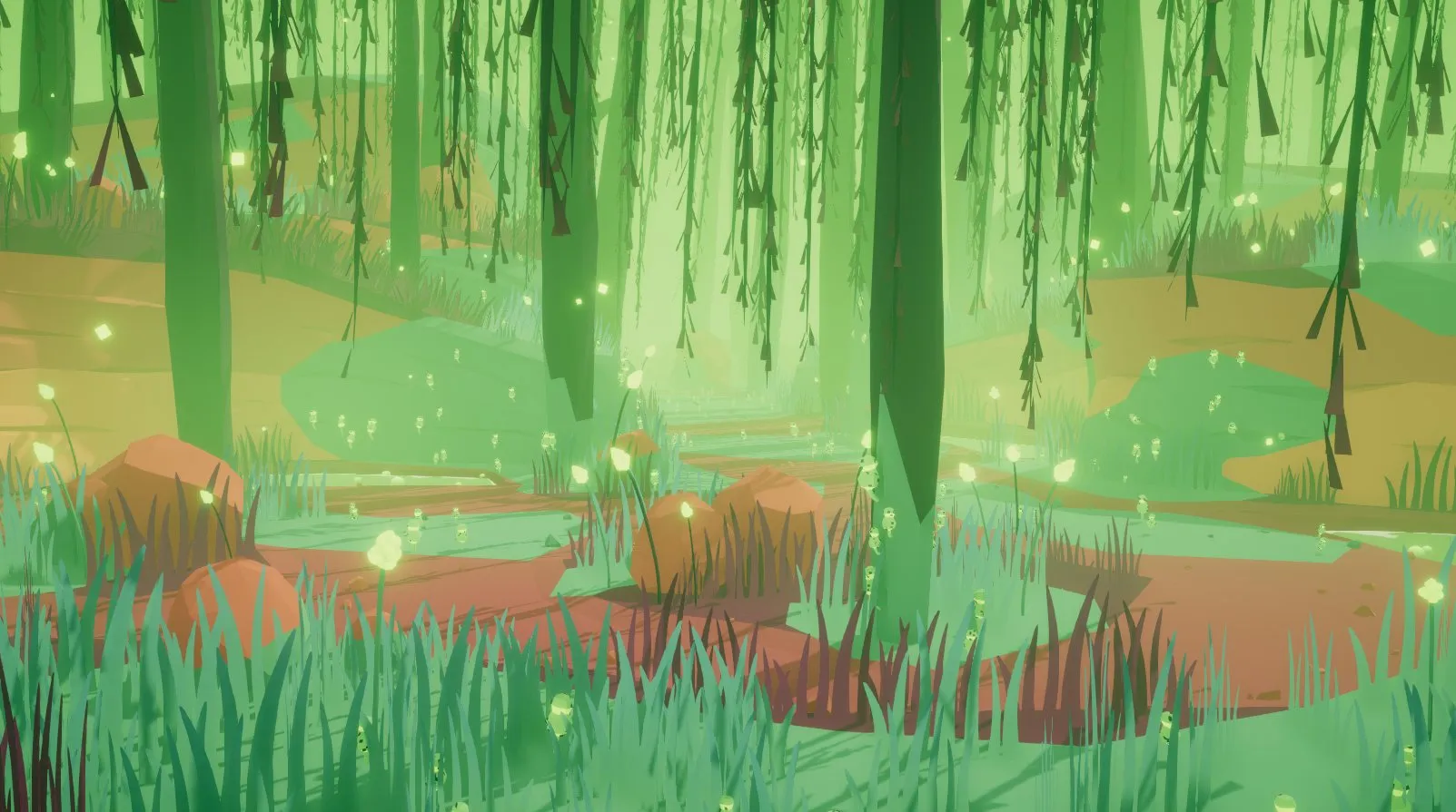 a scene of a forest filled with green fog, fireflies, green moss and hanging vines