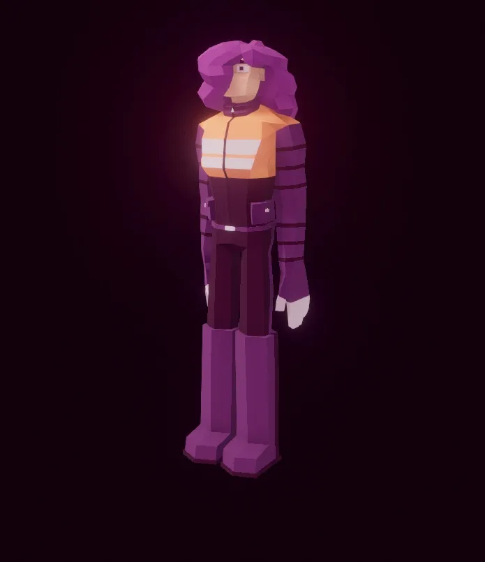 a 3D model of a tall buff man with purple hair and in a worker uniform