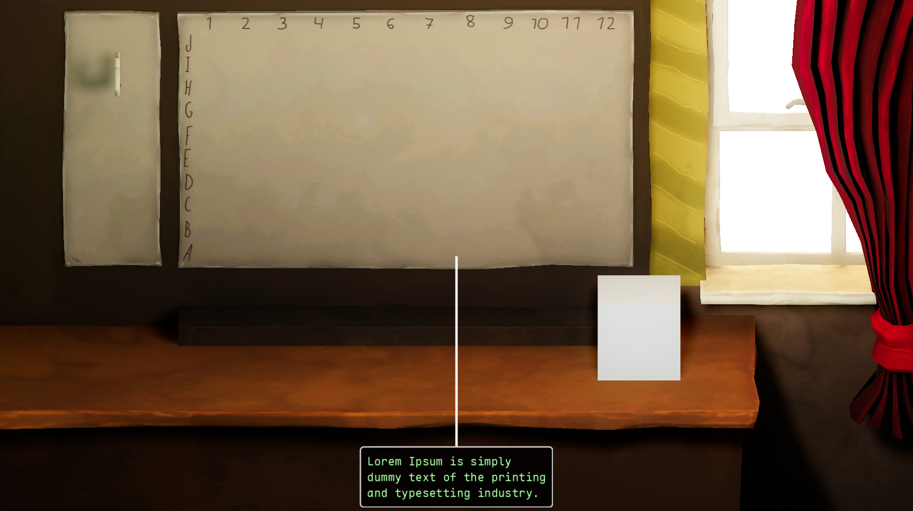 an unfinished 3D scene with the same table and switchboard, with no props and no switchboard jacks, but with a white cube on the table. A dialog box is saying "Lorem Ipsum is simply dummy text of the printing and typesetting industry."