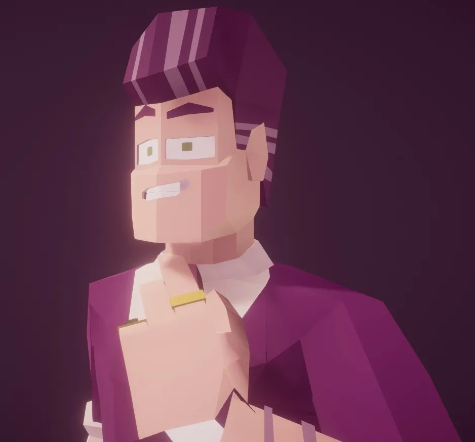 a 3D model of a smug man with tall haircut, in a business suit with rings on the fingers