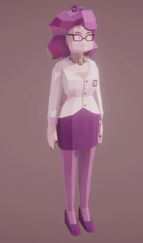 a 3D model of a woman with glasses, lilac hair and in an office suit