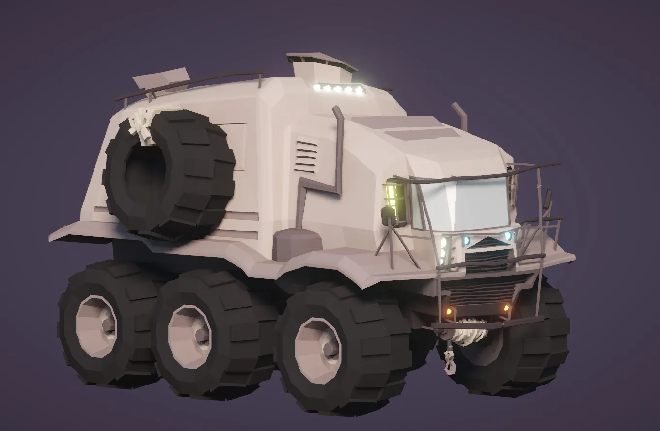 a 3D model of a big all-terrain vehicle, with 3 pairs of wheels, a spare wheel on the side, a winch and exhaust pipes