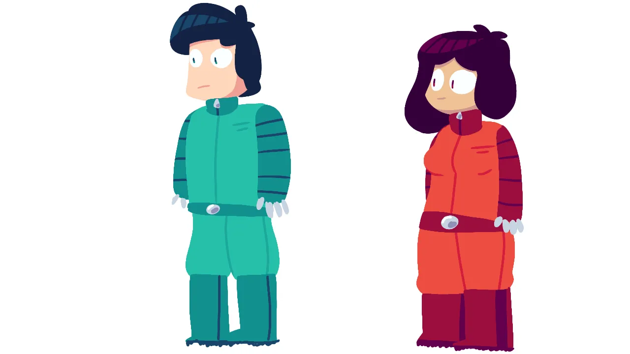 a concept art of a guy in a cyan space suit and a girl in an orange space suit