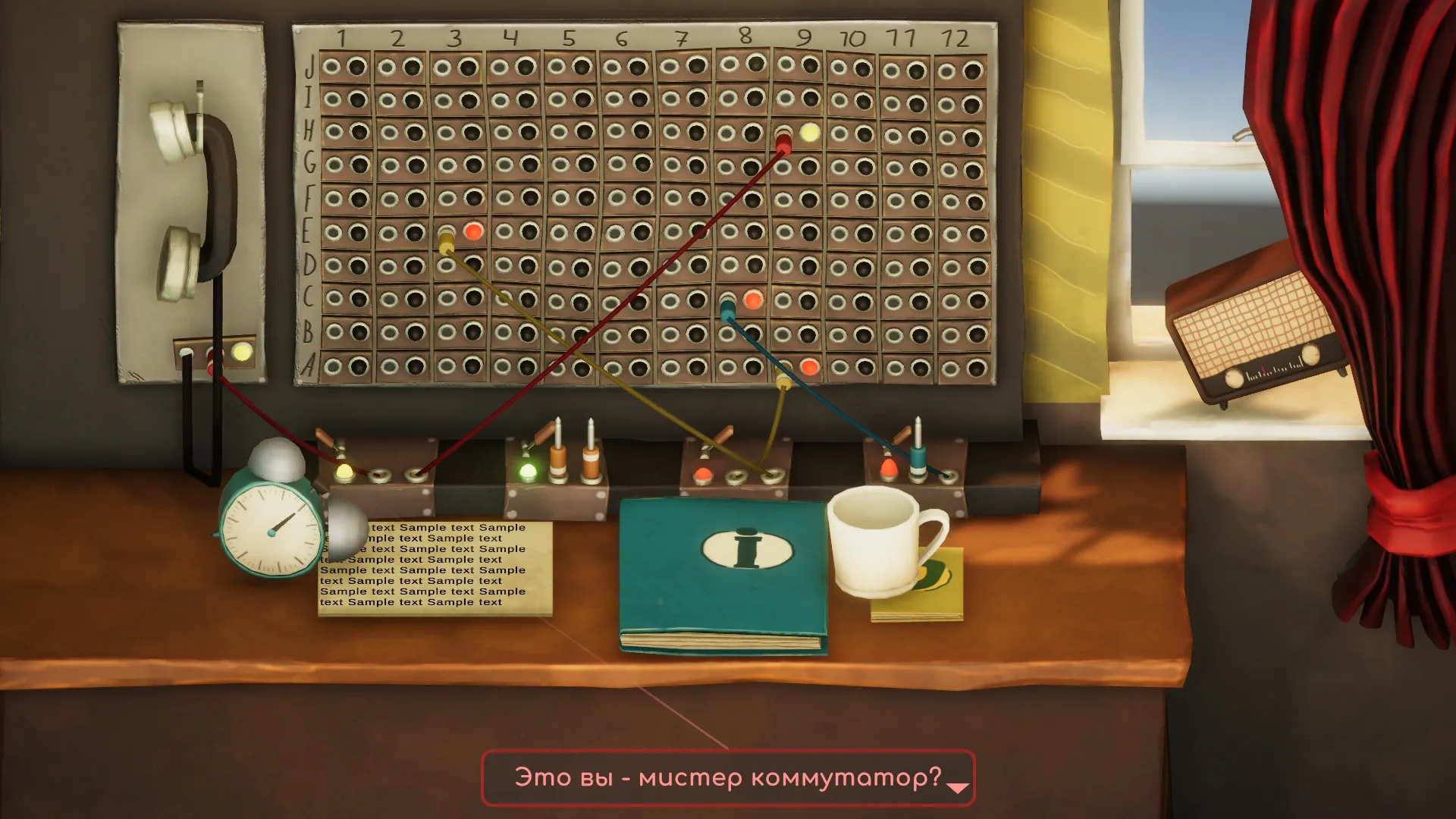 a 3D scene with orthogonal projection with a table, books, a newspaper, an alarm clock, a coffee cup, a telephone switchboard and a radio. A dialog box is saying "Are you mister switchboard?". The newspaper has "Sample text" repeated throughout the whole page