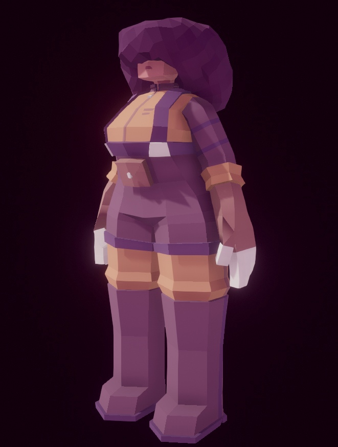 a 3D model of a big woman in overalls with lush hair