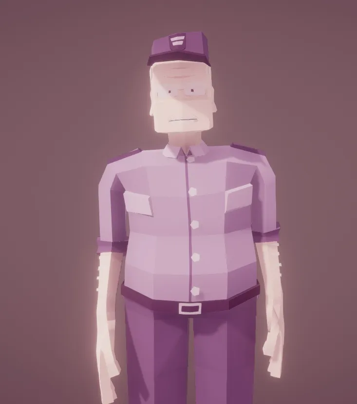 a 3D model of a grumpy old man in a security officer uniform