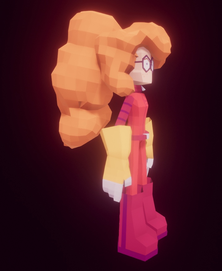 a 3D model of a short girl with glasses and very fluffy red hair