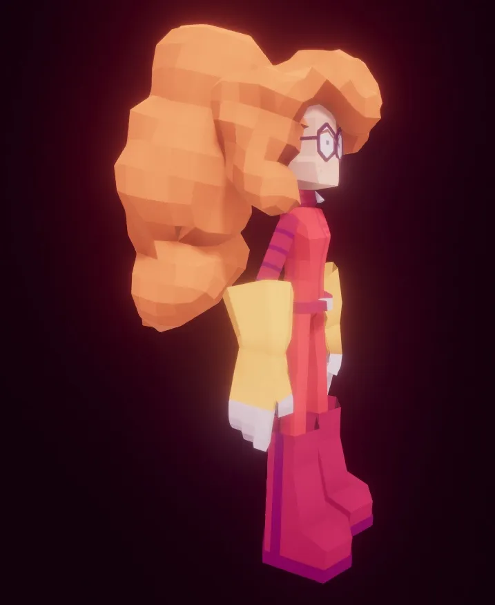 a 3D model of a short girl with glasses and very fluffy red hair