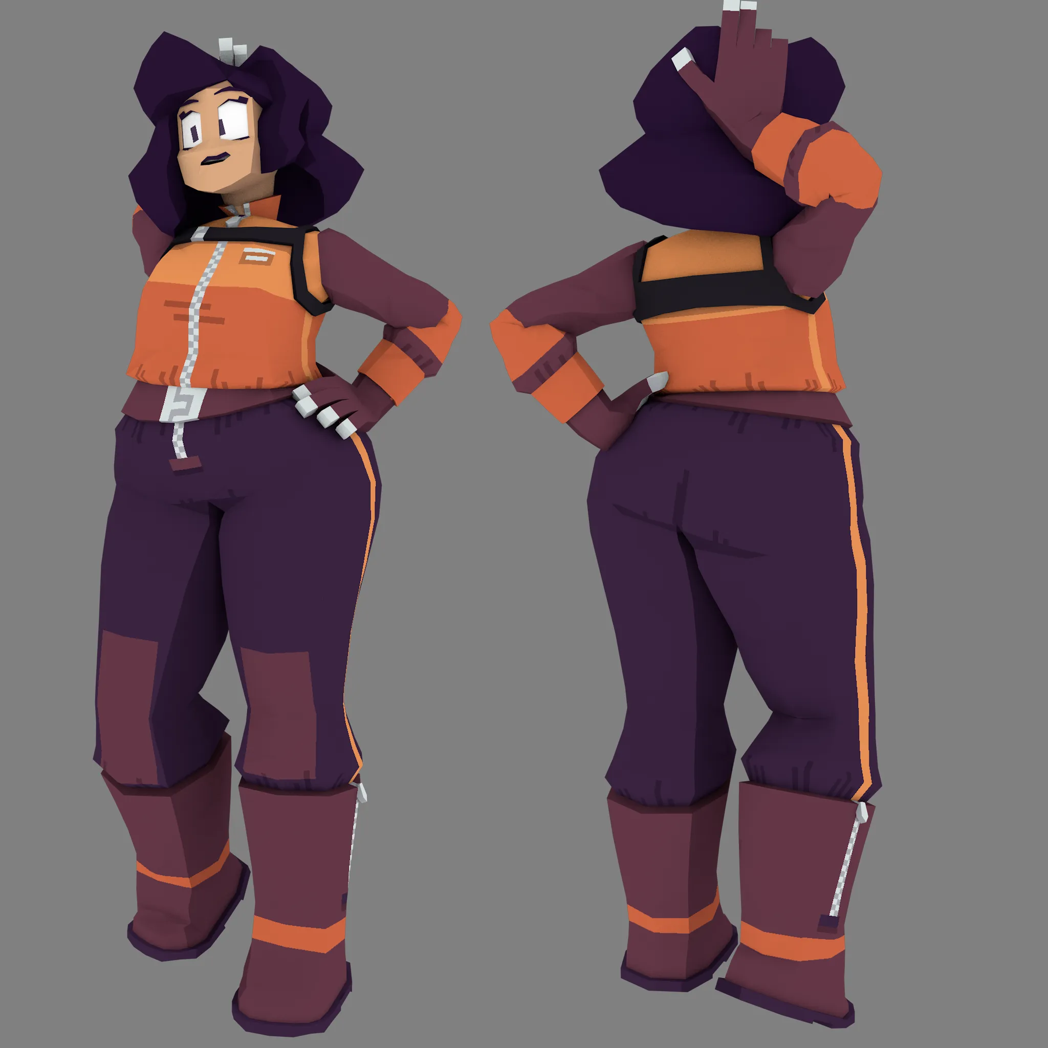 a newer 3D model of Renee, with a baggier jumpsuit, different haircut and completely different colors