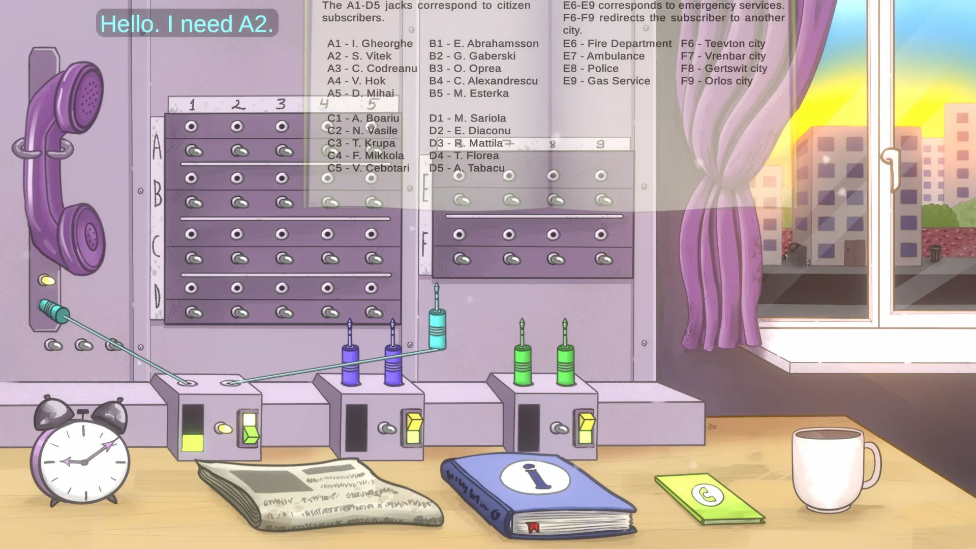 a 2D scene with a table with books, a newspaper, an alarm clock and a coffee cup, a telephone switchboard on the wall and a window. A dialog box is saying "Hello. I need A2". A semi-transparent book is overlayed on top, with names and IDs